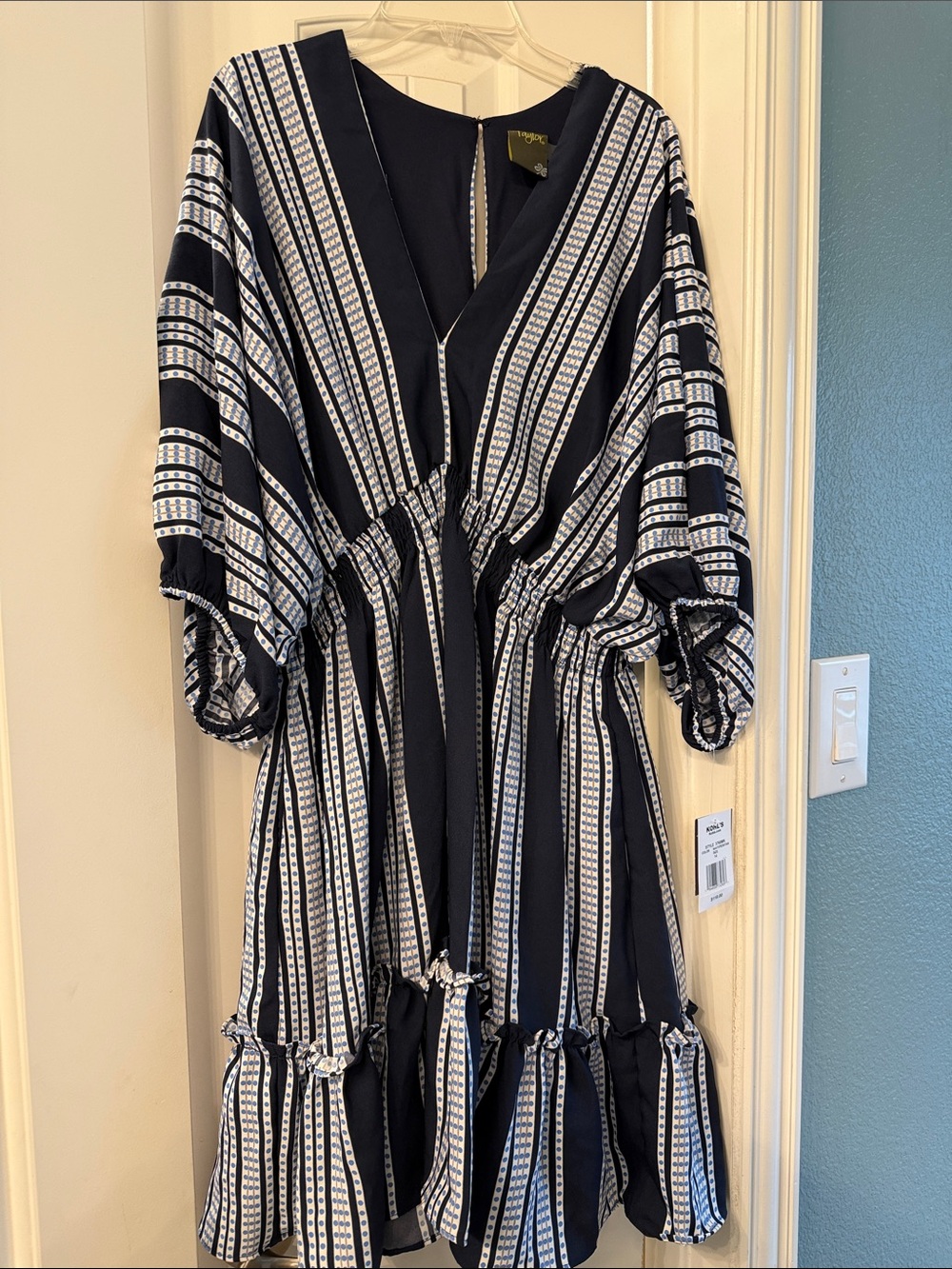 Taylor Navy and White Striped V-Neck Midi Dress